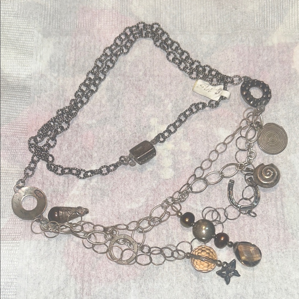 Multi-Chain 925 Silver Natural Pearls & Glass Charm  Pendant Necklace